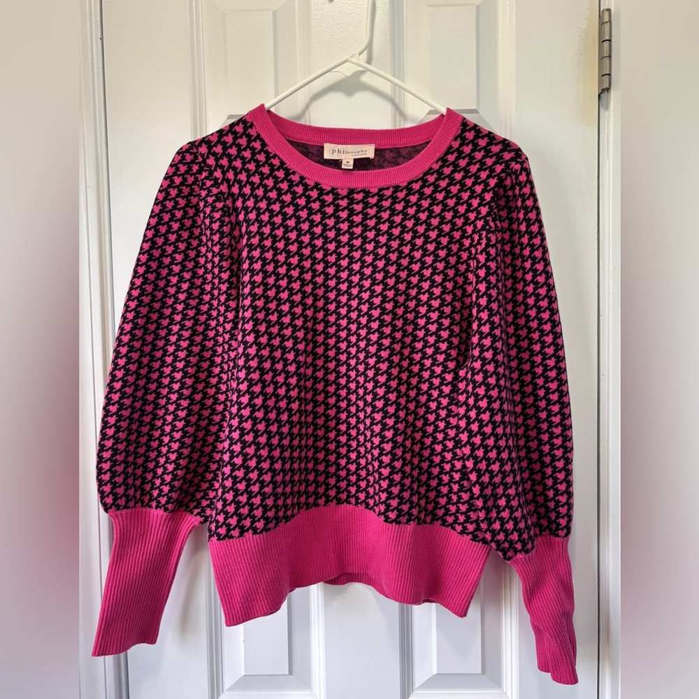 Philosophy Women's Pink and Black Patterned Cuff Sleeves Sweater Size Medium
